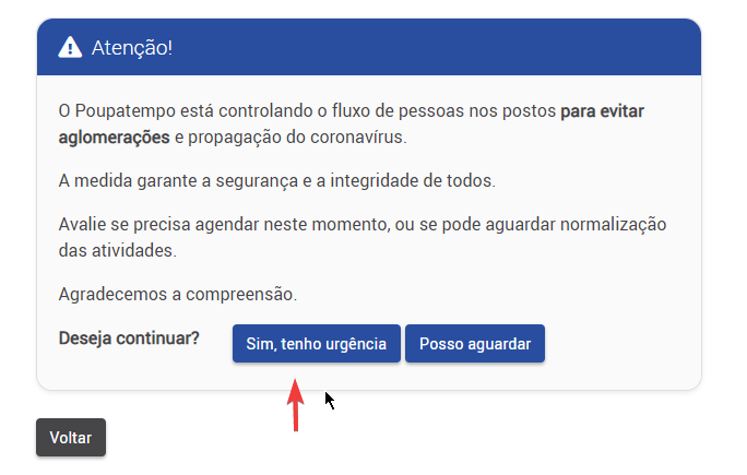 Mensagem de aviso de urgência e cuidado